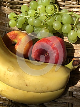 Grapes, peaches and bananas in a basket