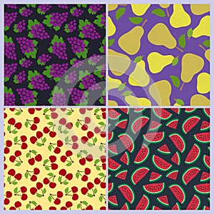 Grapes, pear, cherry and watermelon seamless pattern. Berries and fruits. Fashion design. Food print for dress, skirt