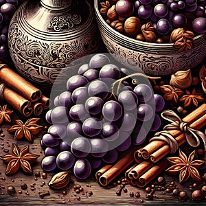 Grapes and Spice An exotic illustration with Muscat grapes surro photo