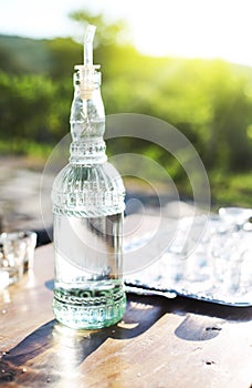 Grapes spirits bottle and glasses on metal tray