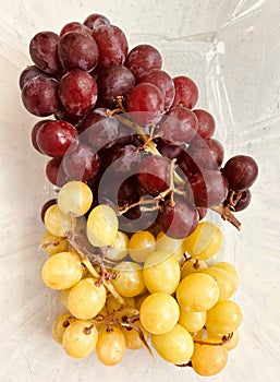 Grapes in a translucent plastic punnet. Two bunches.