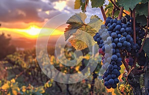 Grapes on the vine at sunset. Red grapes in vineyard