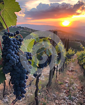 Grapes in vineyard with beautiful sunset in the background