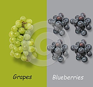 Grapes vs blueberries on grey and blue background
