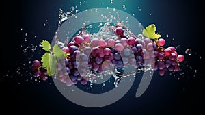 Grapes in water splash on dark background. 3d rendering