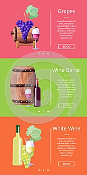 Grapes White Wine Barrel Online Posters Set Vector