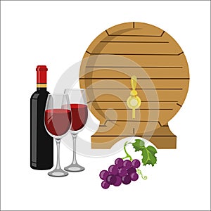 Grapes, wine barrel, bottle of wine and filled glasses.Vector illustration in flat style