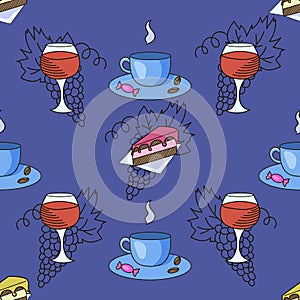 Grapes wine coffee cafe vector seamless pattern