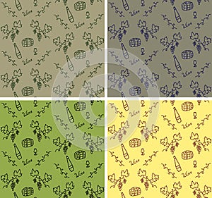 Grapes, wine, glass, barrel hand drawn seamless pattern