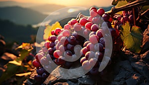 Grapevine in autumn, ripe fruit, winery, rural scene, sunset generated by AI