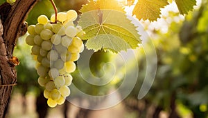 A grapevine with a bunch of white grapes in the evening sun.