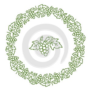 Grapevine circle frame floral ornament. Thick line pattern. Grape branches and leaves. Editable outline stroke. Vector