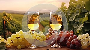 Grapevine Elegance. Glasses of Wine Set Amid Grapes, a Scenic Symphony