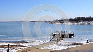 Grapevine lake in Grapevine Texas with snow and ice.