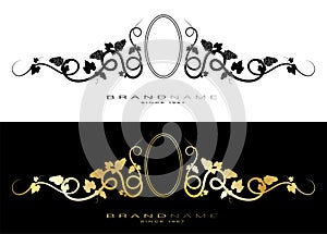 Grapevine, scroll for design of header with brand name of alcoholic products. Decorative golden element for label design with