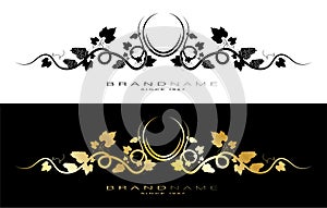 Grapevine scroll, header with brand name of alcoholic products. Decorative black and golden element for label design with grapes
