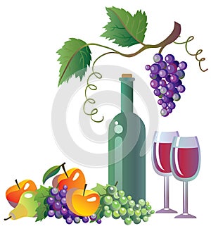 Grapevine, wine and fruits