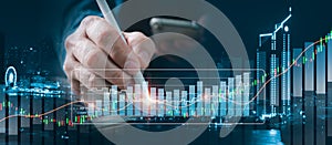 A graph of asset investments and an analysis of worldwide business expansion and Finance Arrow pointing up Economic hologram,