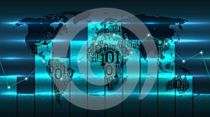 Graph chart of development of digital global technologies of against background of world map. Binary code earth map, abstract