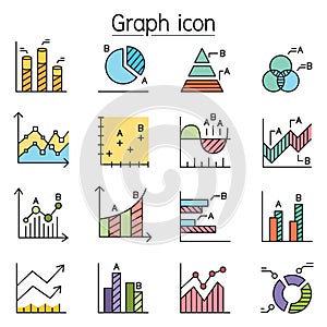 Graph, Chart, Diagram, Data, Infographic icon set filled outline style