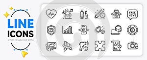 Graph chart, Photo camera and Fake news line icons. For web app. Vector