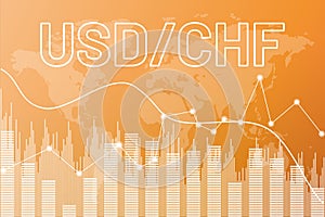 Graph currency pair USD, CHF on yellow finance background from columns, lines, world map