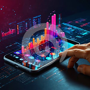 Graph with data analysis and data statistics on an isometric mobile phone. Landing page design