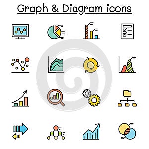 Graph, data, chart and diagram color line icon set