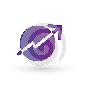 Graph, diagram arrow up in circle. White symbol on purple gradient circle. Growth and success concept. vector illustration