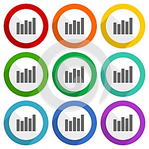 Graph, diagram vector icons, set of colorful flat design buttons for webdesign and mobile applications