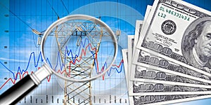 Graph about energy production - concept with power tower and transmission lines, magnifying glass and US Paper Currency