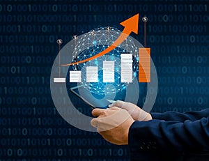 Graph of financial growth global communications Binary Smart Phones and world Internet Businesspeople press the phone to communica