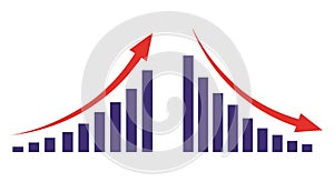 Graph going Up and Down with red arrows vector. Blue chart bar vector illustration concept of sales bar chart symbol icon