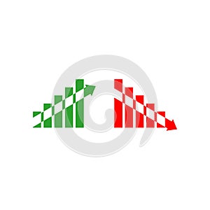 Graph going Up and Down sign with green and red arrows isolated on white background