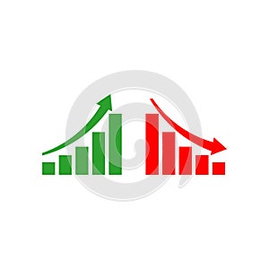 Graph going Up and Down sign with green and red arrows isolated on white background