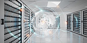 Graph holograms flying over server room data center 3D rendering