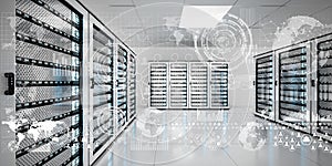 Graph holograms flying over server room data center 3D rendering