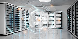 Graph holograms flying over server room data center 3D rendering