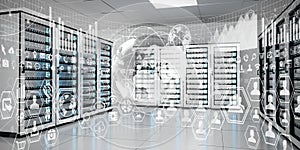 Graph holograms flying over server room data center 3D rendering