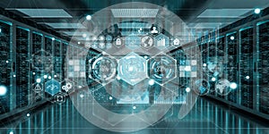 Graph holograms flying over server room data center 3D rendering