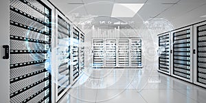 Graph holograms flying over server room data center 3D rendering