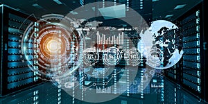 Graph holograms flying over server room data center 3D rendering