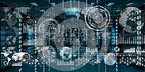 Graph holograms flying over server room data center 3D rendering