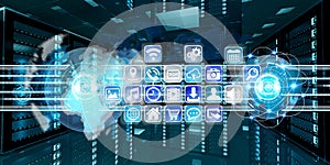 Graph holograms flying over server room data center 3D rendering