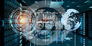 Graph holograms flying over server room data center 3D rendering