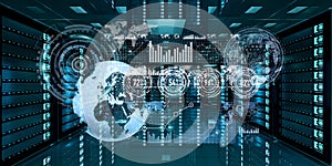 Graph holograms flying over server room data center 3D rendering