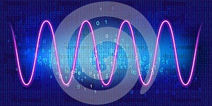 Graph with neon periodic sinusoidal curve on blue background with binary code. Concept of technology of discrete data transfer in photo