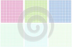 Graph paper set in blue, green, red checkered background. Squared paper sheet. Printable grid paper