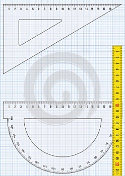 Graph paper, triangle, ruler and protractor