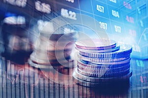 Graph on rows of coins for finance and banking on digital stock